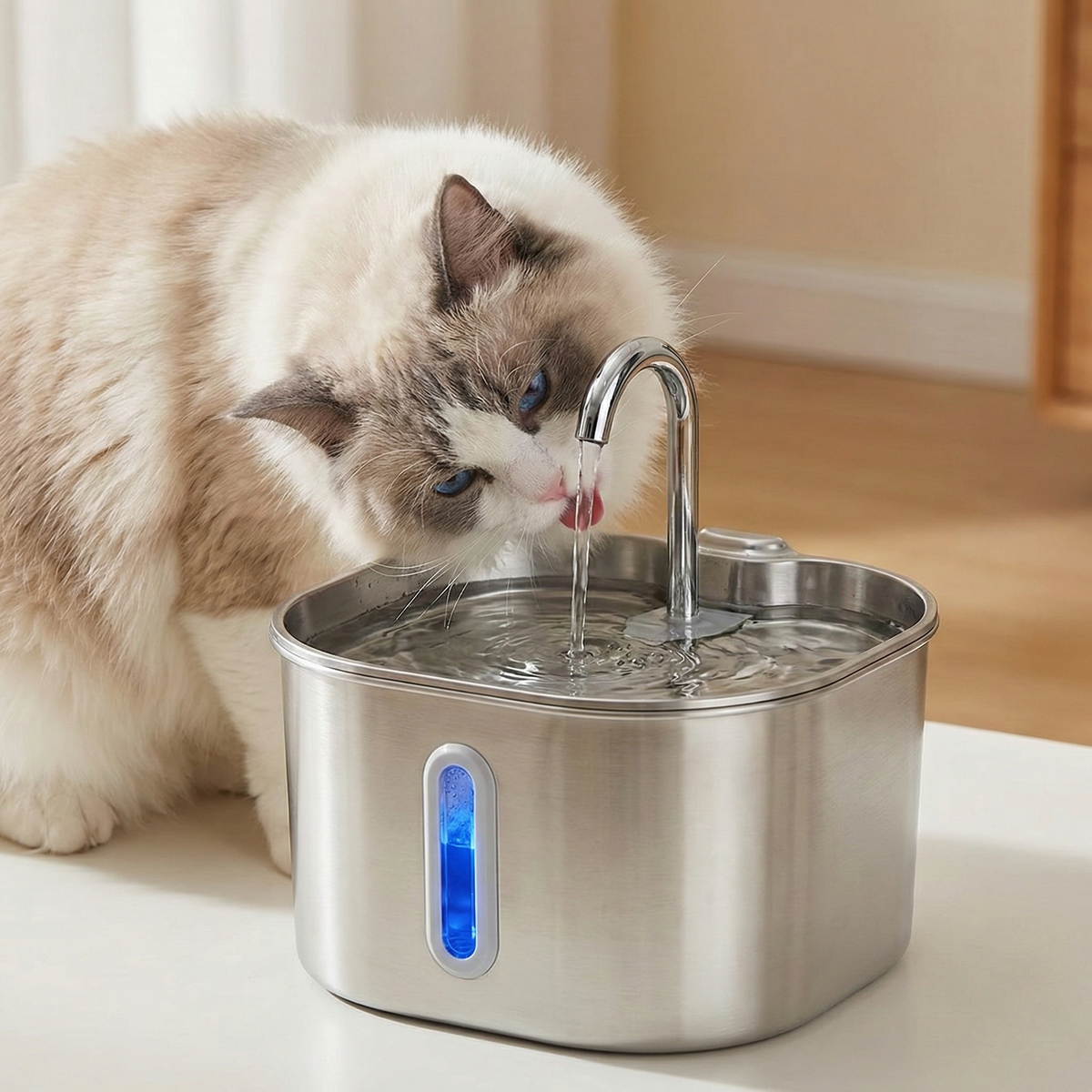 Cat drinking from a stainless steel water fountain