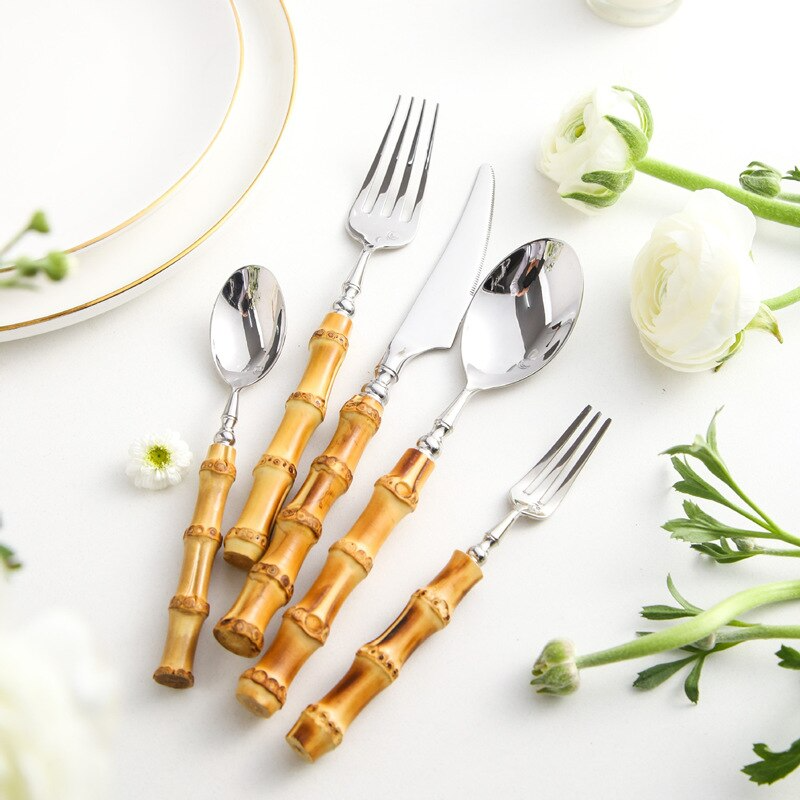Bamboo & Stainless Steel Flatware Set, Eco-Friendly Dining Cutlery
