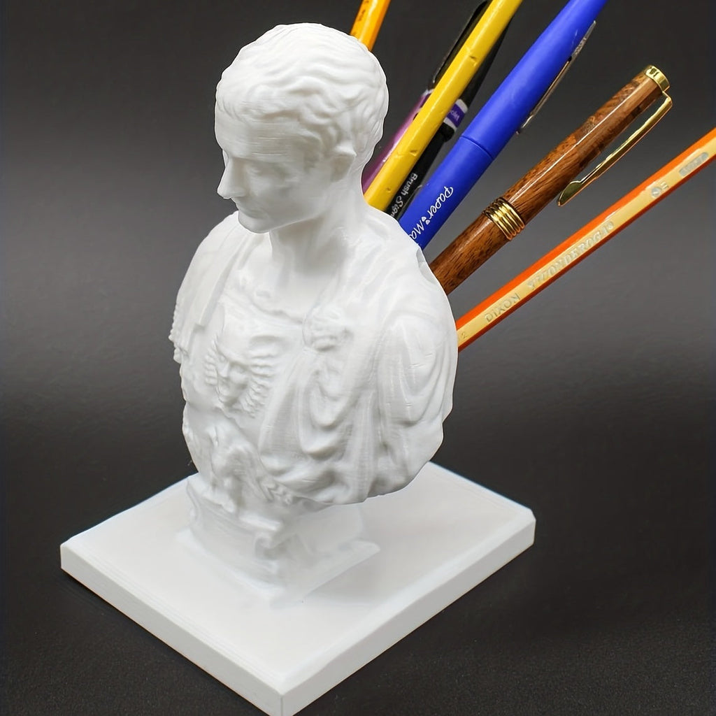 Schreibtisch-Stifthalter im Design einer Aurelius-Römerbüste, Marmor oder Weiß