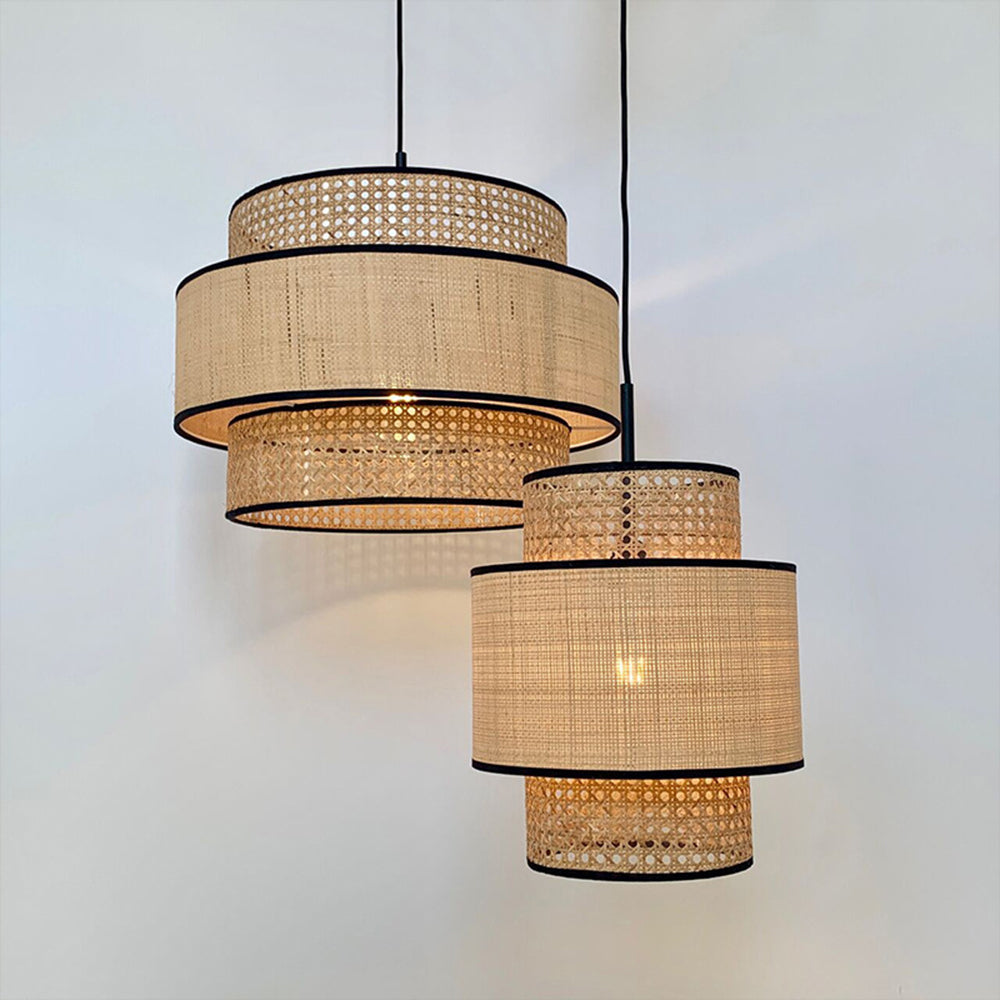 Lampada a sospensione tri-strato cilindrica in rattan/metallo Wabi Sabi Ritta, legno | Fioriscas