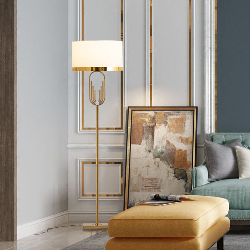 Aurelia Gold Floor Lamp in Art Deco Style, Fabric Shade & Remote