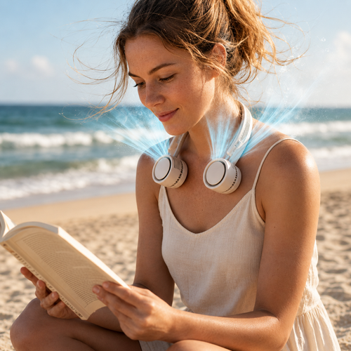 Ventilatore da collo senza pale FlexBreeze, ricaricabile e pieghevole, ideale per viaggi