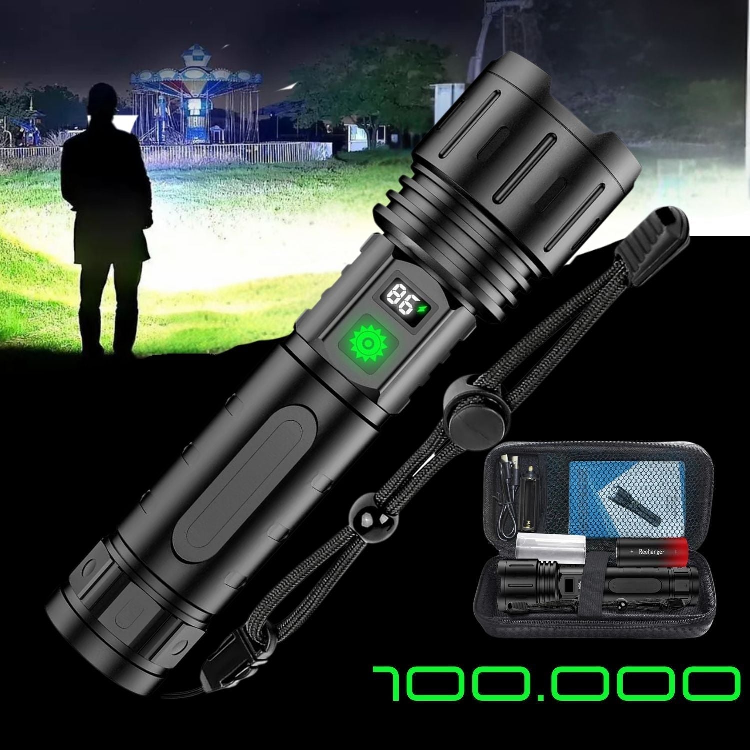Nabíjecí LED svítilna se 100 000 lumeny a vodotěsným tělem s krytím IPX5