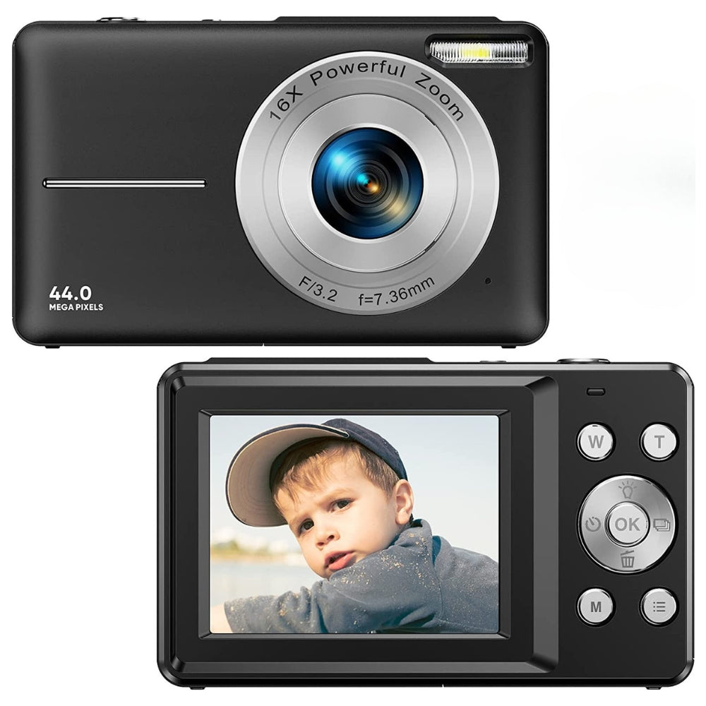 Videocamera ricaricabile per vlog con zoom 16x, foto da 44 MP e video 1080P