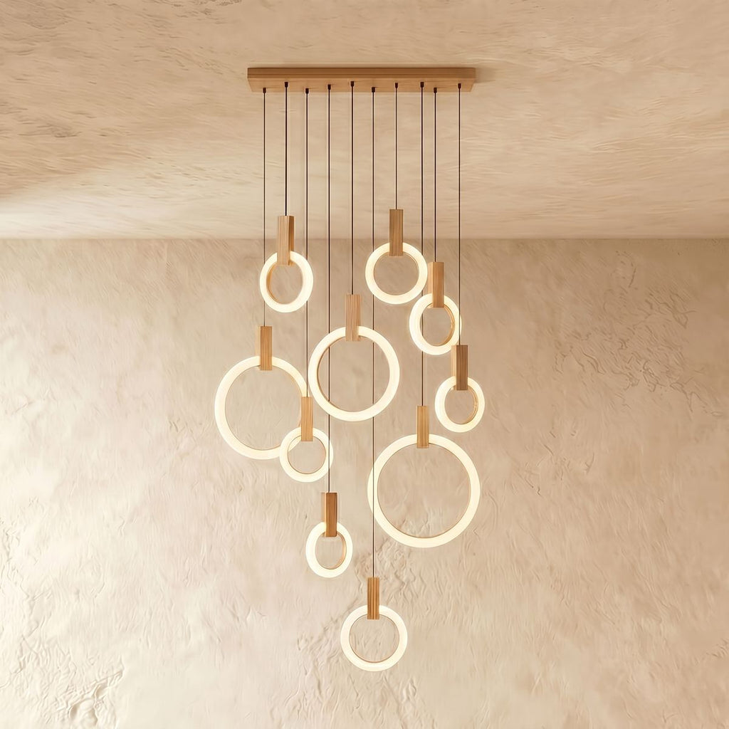 Aurora Loop Chandelier With Acrylic Ring Heads And Wooden Base