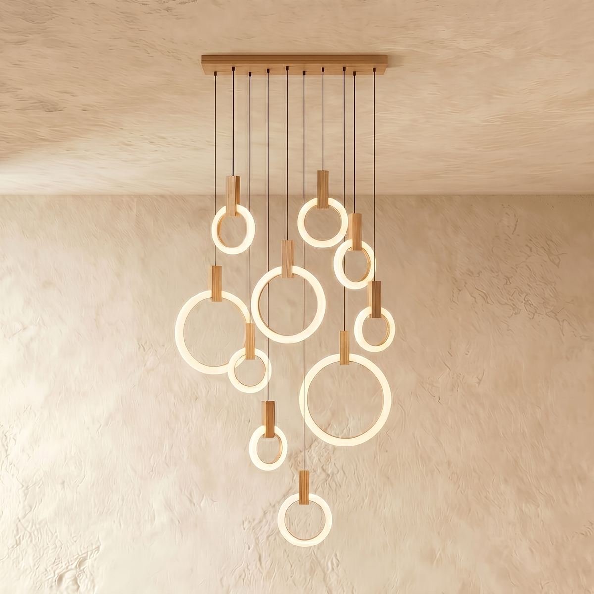 Aurora Loop Chandelier With Acrylic Ring Heads And Wooden Base