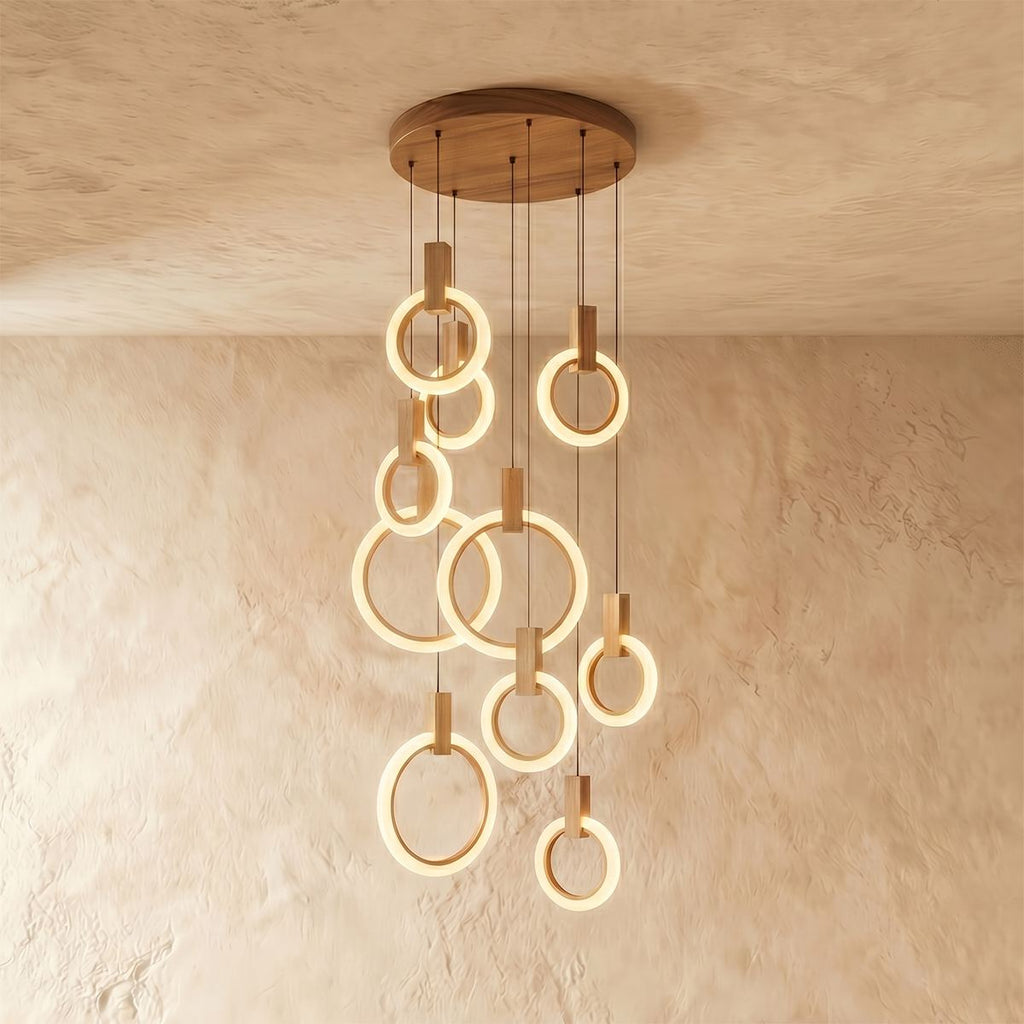 Aurora Loop Chandelier With Acrylic Ring Heads And Wooden Base