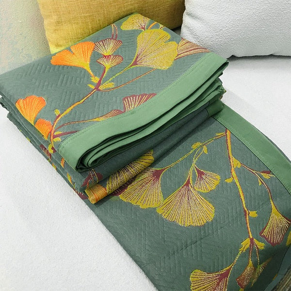 Ginkgonlehtikuvioinen jacquard-käännettävä päiväpeite, ympäristöystävällinen puuvillasekoitekangas | Fioriscas