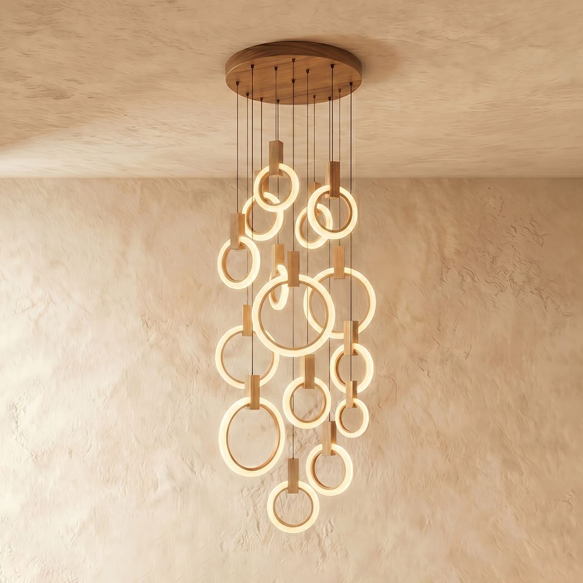 Aurora Loop Chandelier With Acrylic Ring Heads And Wooden Base
