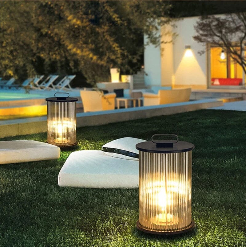 Marinell Ribbed-Glass Outdoor Lantern, Solar Or Electric, Waterproof