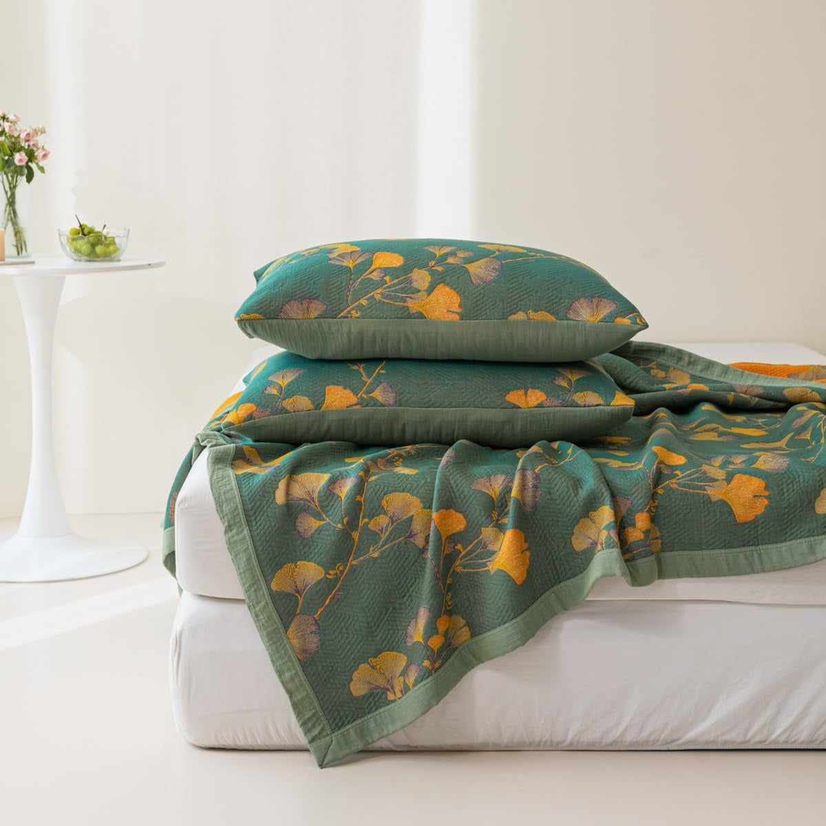Ginkgonlehtikuvioinen jacquard-käännettävä päiväpeite, ympäristöystävällinen puuvillasekoitekangas | Fioriscas
