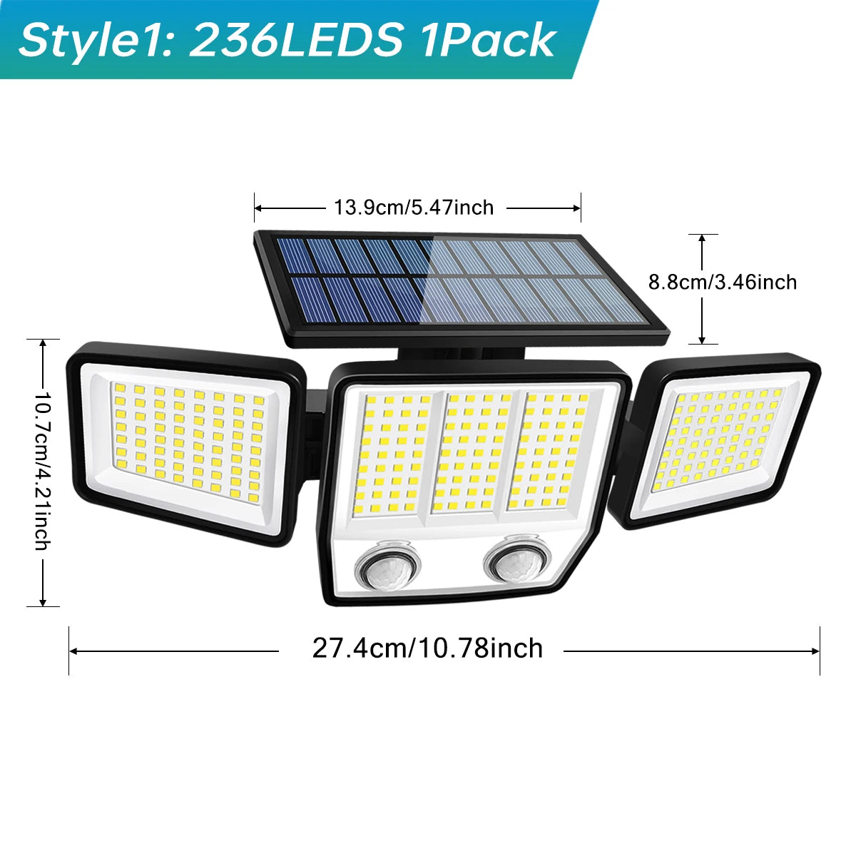 Lampada solare da esterno con sensore a tre teste, copertura del movimento a 270 gradi e 3000 lumen | Fioriscas