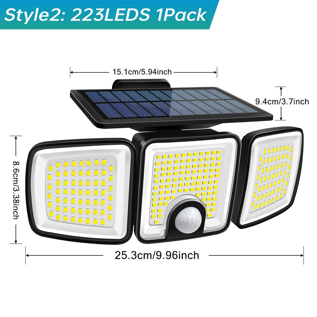 Lampada solare da esterno con sensore a tre teste, copertura del movimento a 270 gradi e 3000 lumen | Fioriscas