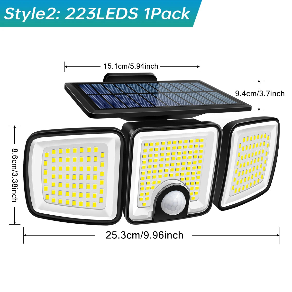 Lampada solare da esterno con sensore a tre teste, copertura del movimento a 270 gradi e 3000 lumen | Fioriscas
