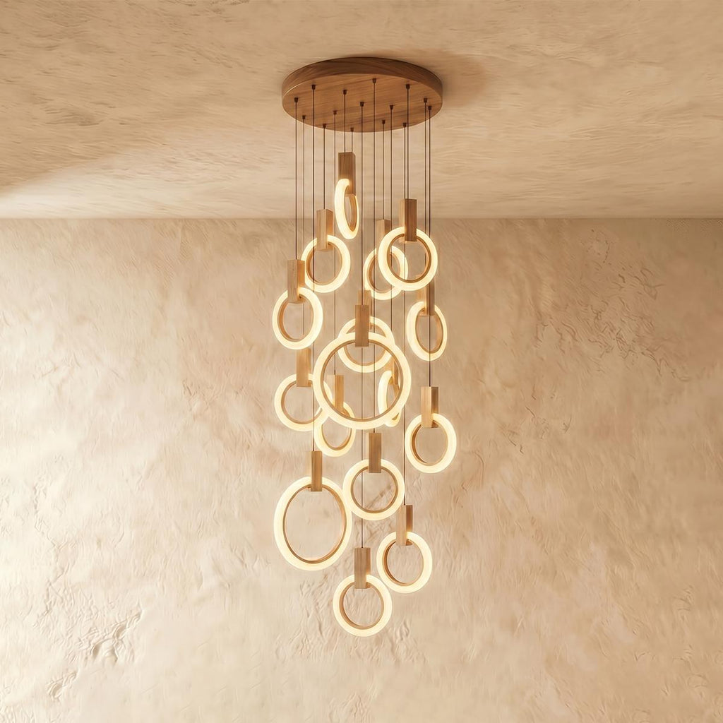 Aurora Loop Chandelier With Acrylic Ring Heads And Wooden Base