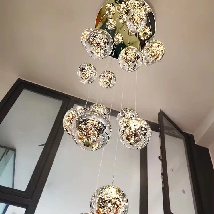 LuminaOrb Staircase Chandelier With Glass Orb Cluster, Warm LED Glow
