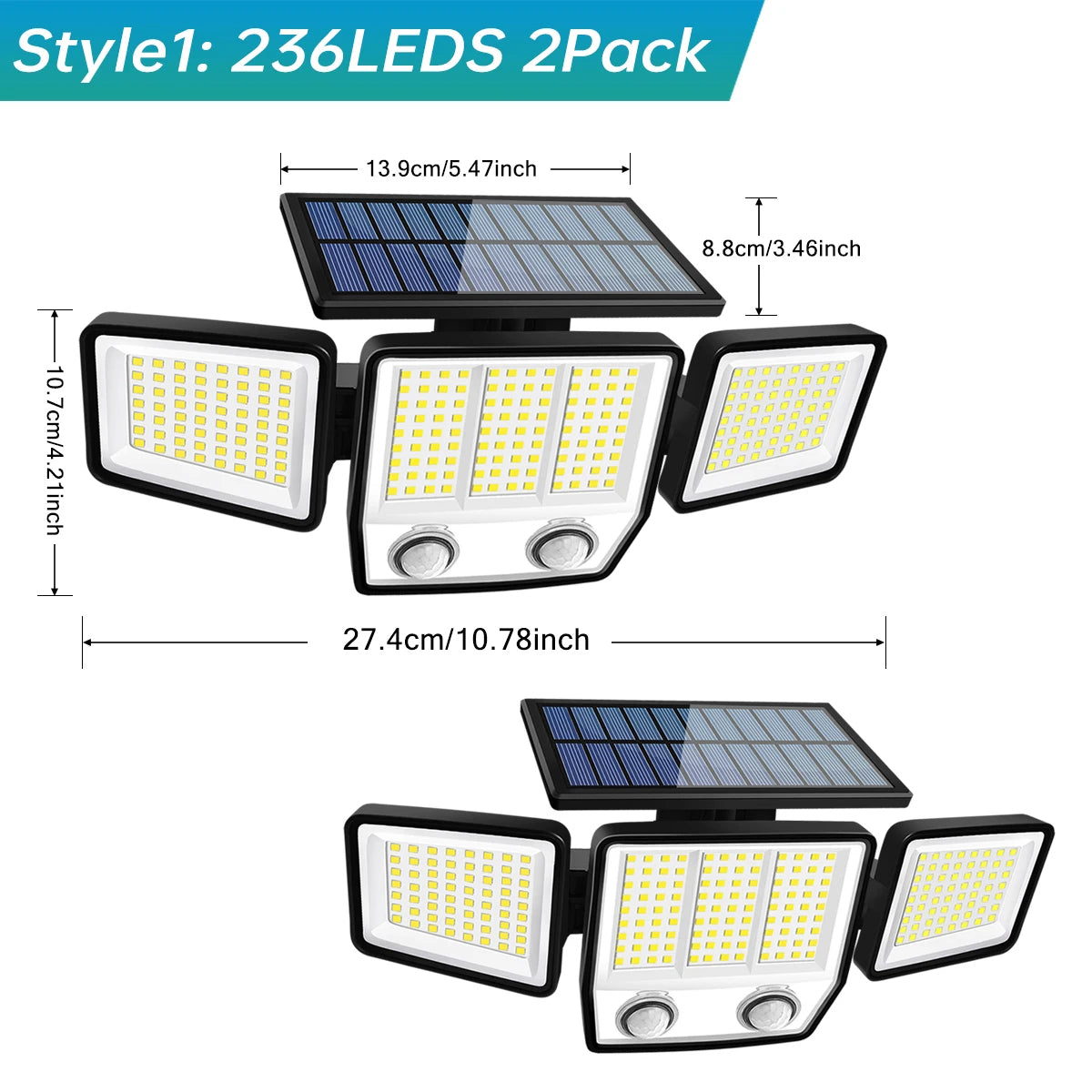 Lampada solare da esterno con sensore a tre teste, copertura del movimento a 270 gradi e 3000 lumen | Fioriscas