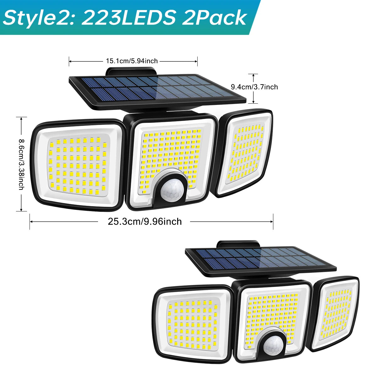 Lampada solare da esterno con sensore a tre teste, copertura del movimento a 270 gradi e 3000 lumen | Fioriscas