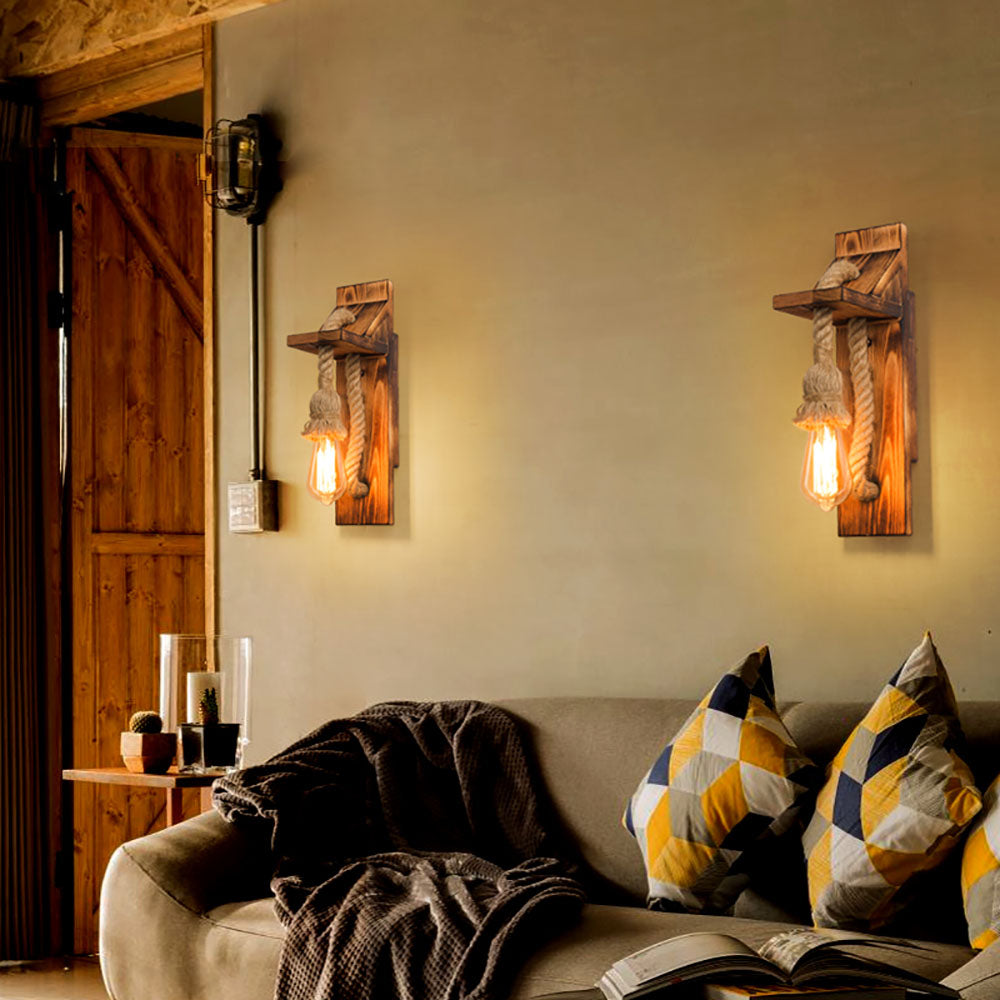 Applique murale LED rectangulaire vintage Epoch, bois/corde de chanvre, salle à manger | Fioriscas