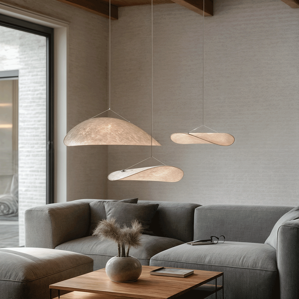 Lyra LED-lysekrone med lagdelt silke-bladskærm, nordisk design