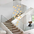 Glass Orb Staircase Chandelier, Brushed Stainless Frame, Cascading LED Design