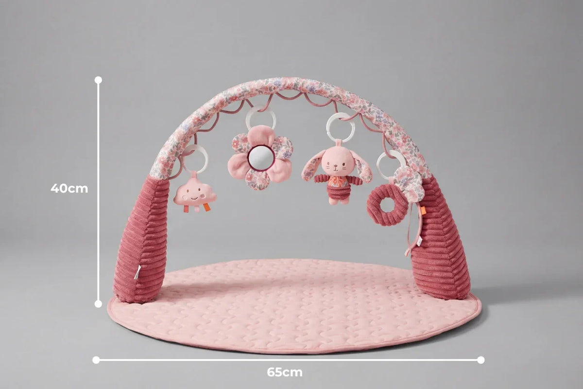 Blomsterkanin 2-i-1-sansebue og legemåtte – lyserød babygym | Fioriscas