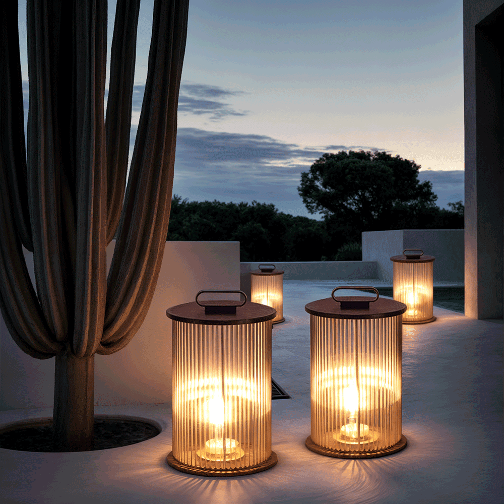 Marinell Ribbed-Glass Outdoor Lantern, Solar Or Electric, Waterproof