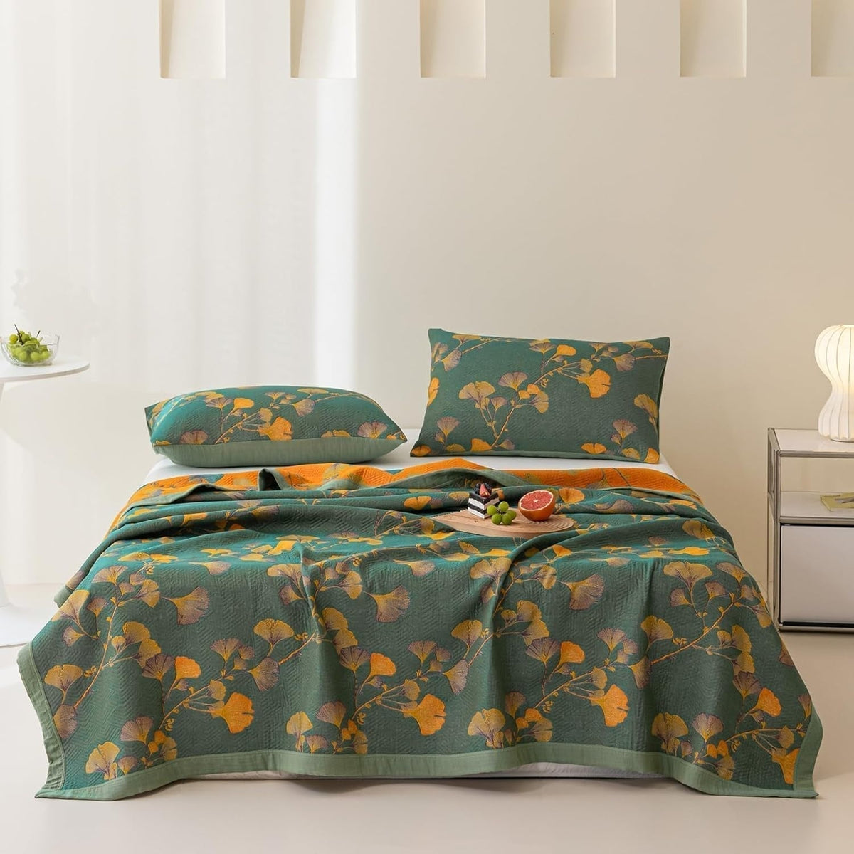 Ginkgonlehtikuvioinen jacquard-käännettävä päiväpeite, ympäristöystävällinen puuvillasekoitekangas | Fioriscas