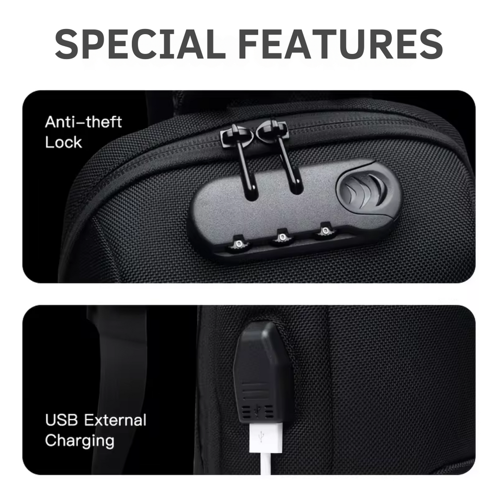 Vállpántos utazótáska lopásgátló zárral és USB töltőporttal