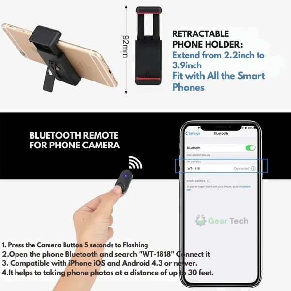 Uitschuifbaar telefoonstatief en selfiestick met Bluetooth-afstandsbediening