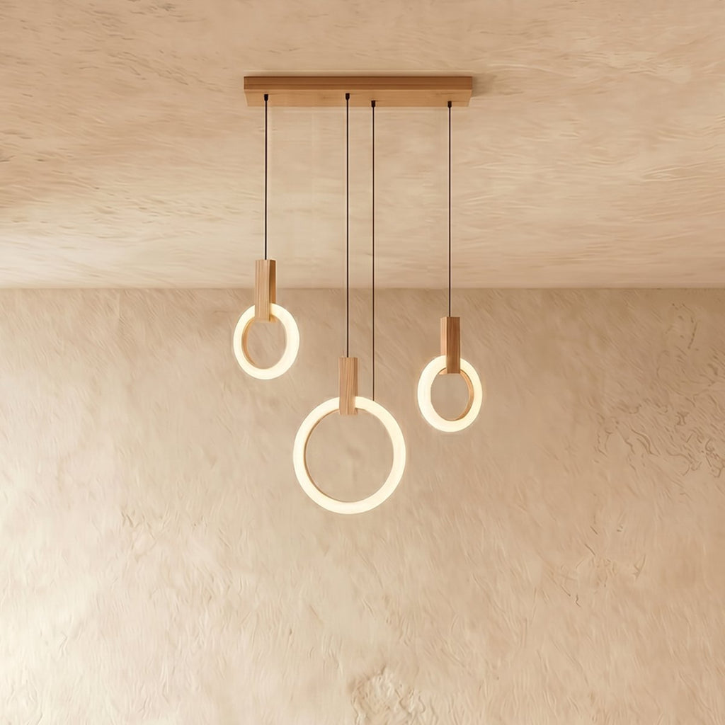 Aurora Loop Chandelier With Acrylic Ring Heads And Wooden Base