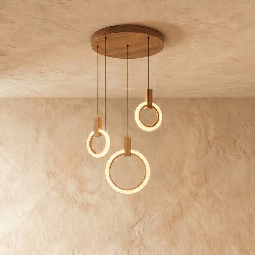 Aurora Loop Chandelier With Acrylic Ring Heads And Wooden Base
