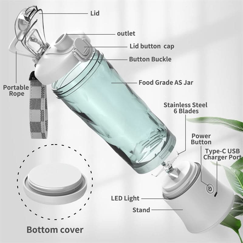 Frullatore portatile per smoothie con batteria da 4000 mAh e capacità di 600 ml - Fioriscas