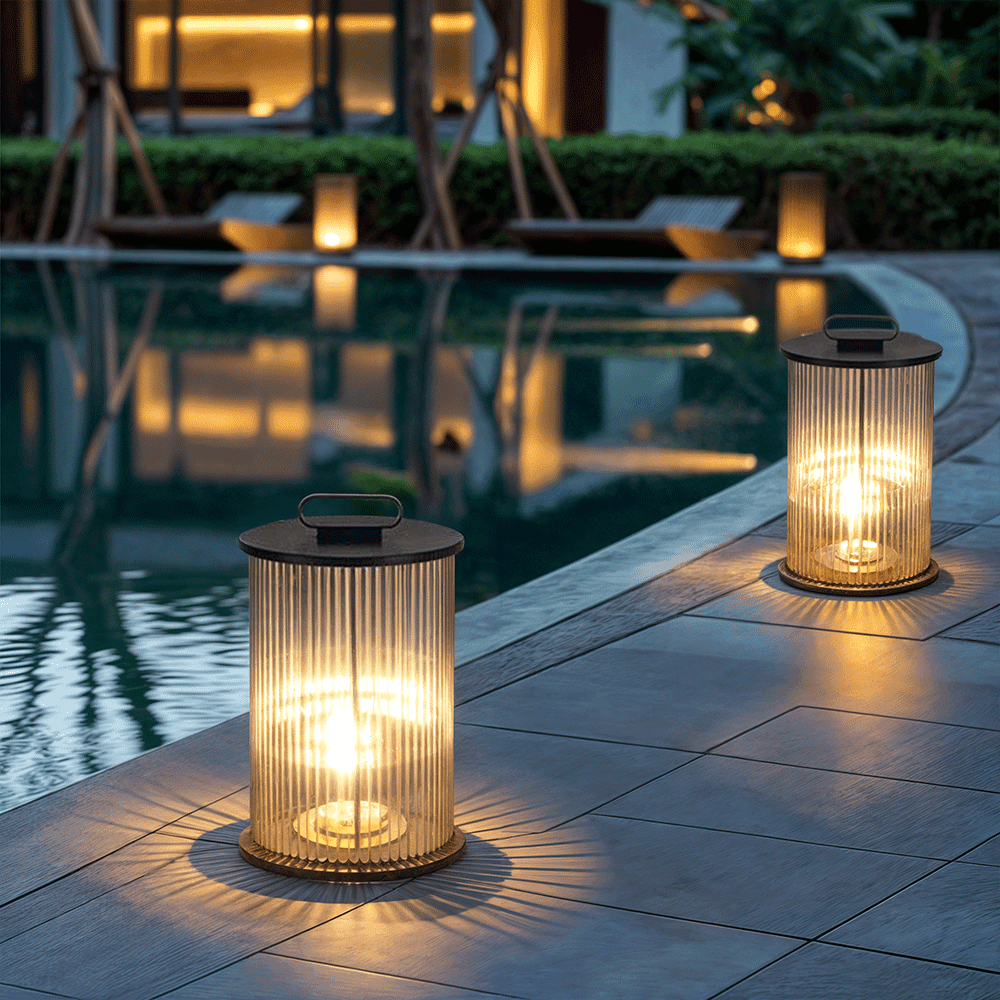 Marinell Ribbed-Glass Outdoor Lantern, Solar Or Electric, Waterproof