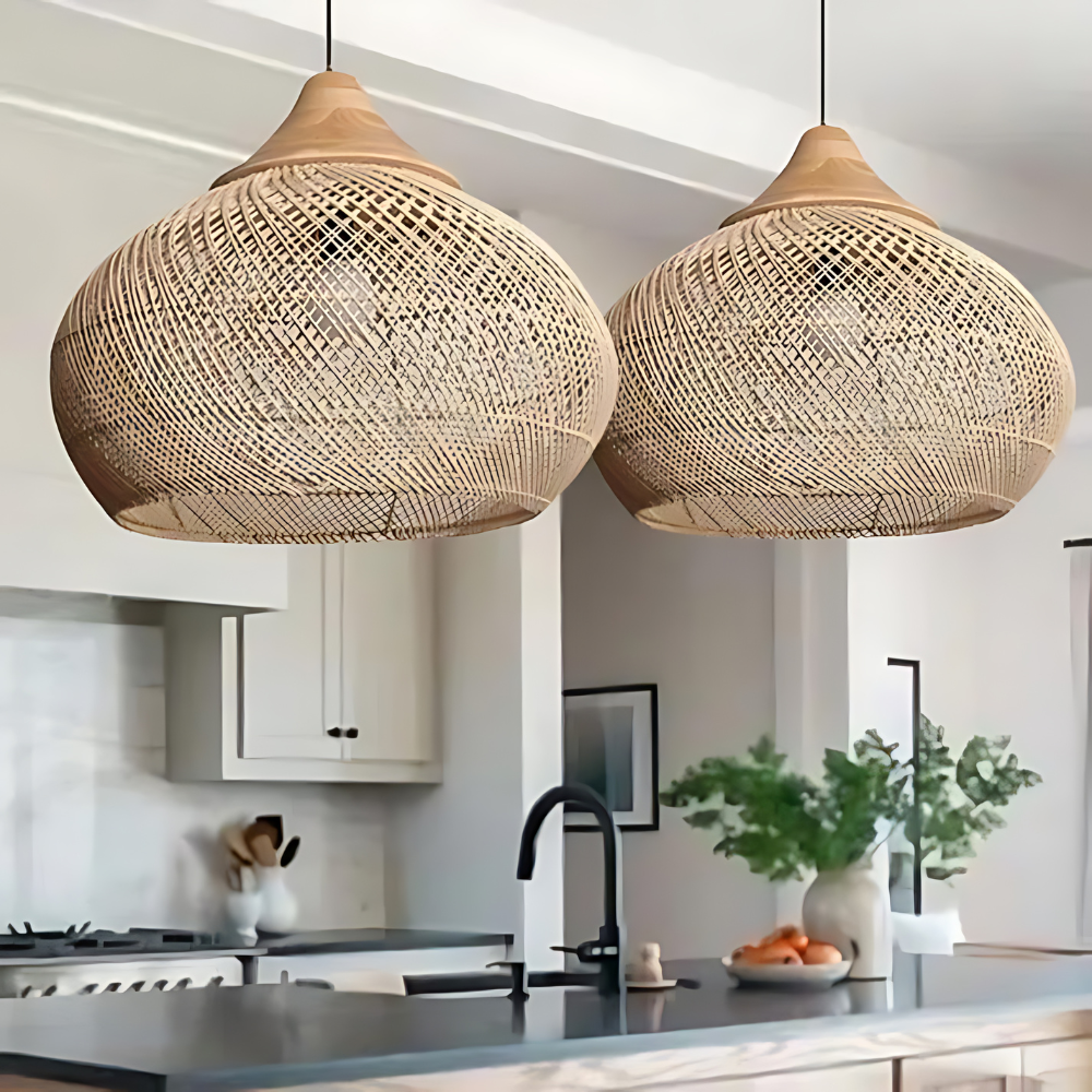 Kevara rotan hanglamp, handgeweven kap van natuurlijk materiaal, twee maten