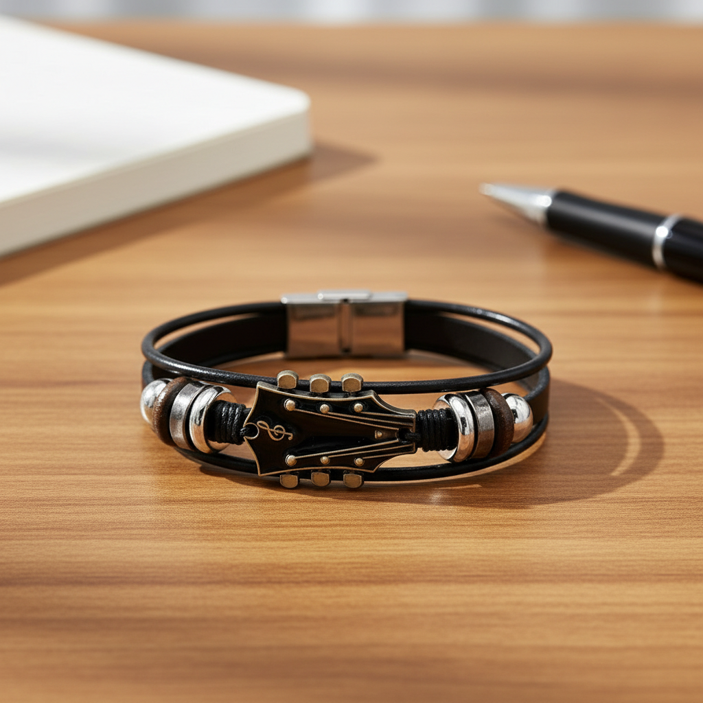 Leather Bracelet with Guitar-Inspired Design - Fioriscas