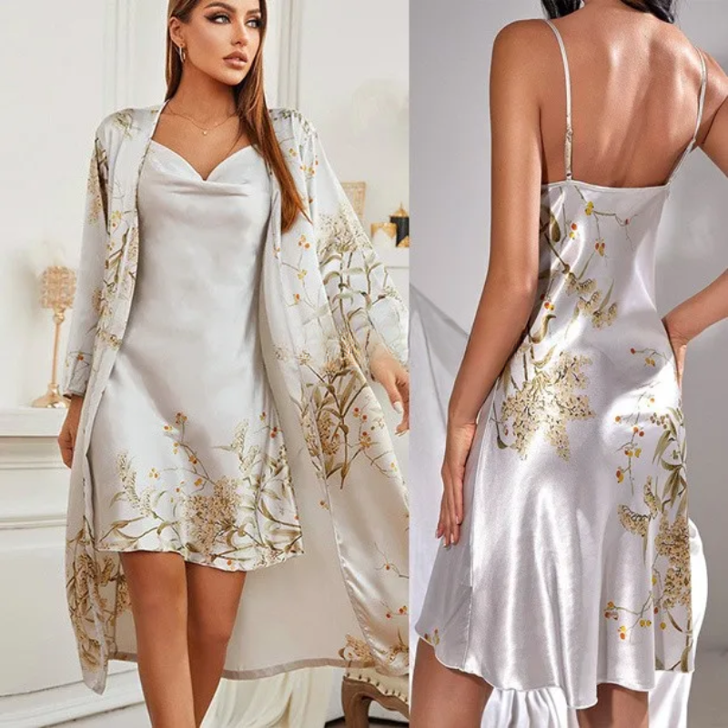 Set di kimono e camicia da notte in raso LunaSilk con stampa di fiori di ciliegio