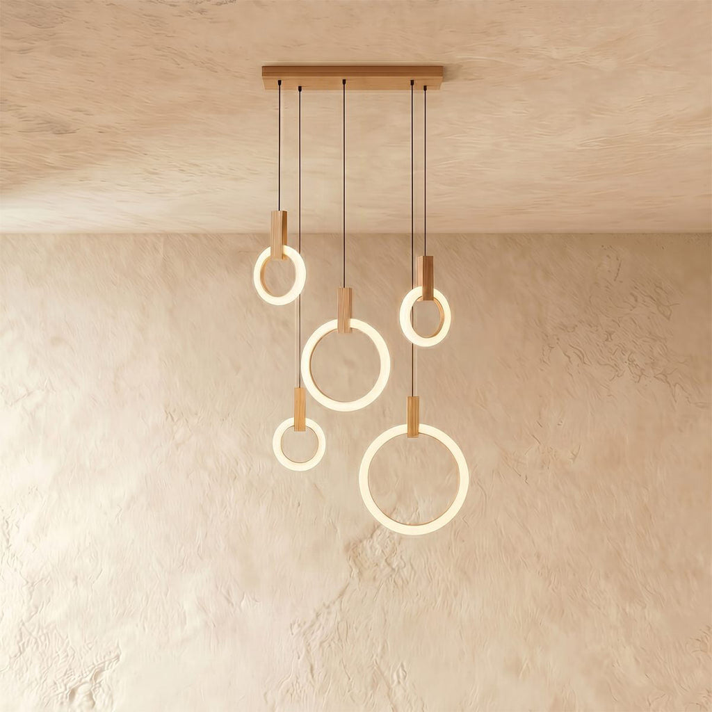 Aurora Loop Chandelier With Acrylic Ring Heads And Wooden Base