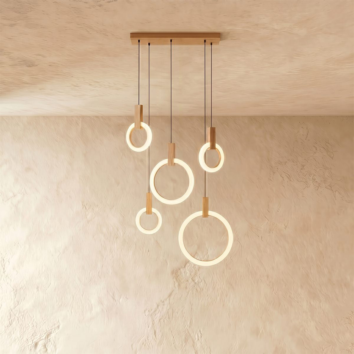 Aurora Loop Chandelier With Acrylic Ring Heads And Wooden Base