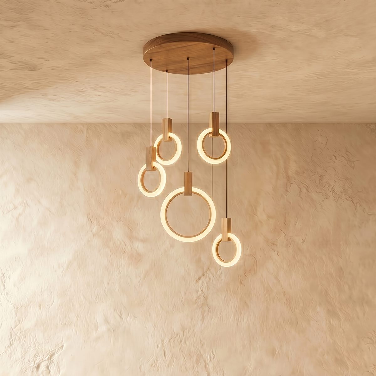 Aurora Loop Chandelier With Acrylic Ring Heads And Wooden Base