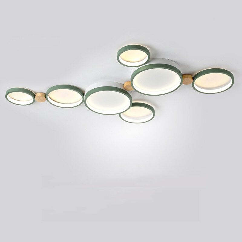 NovaLumen plafondlamp van metaal en hout, 3 tot 7 lampen, wit, grijs of groen