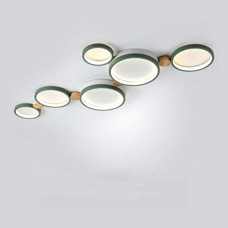 NovaLumen plafondlamp van metaal en hout, 3 tot 7 lampen, wit, grijs of groen