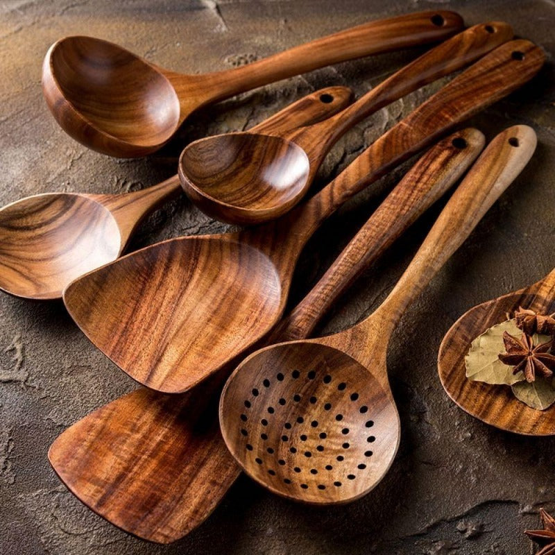 Keukengerei-set van teakhout, 7-delig, met voedselveilige oliefinish