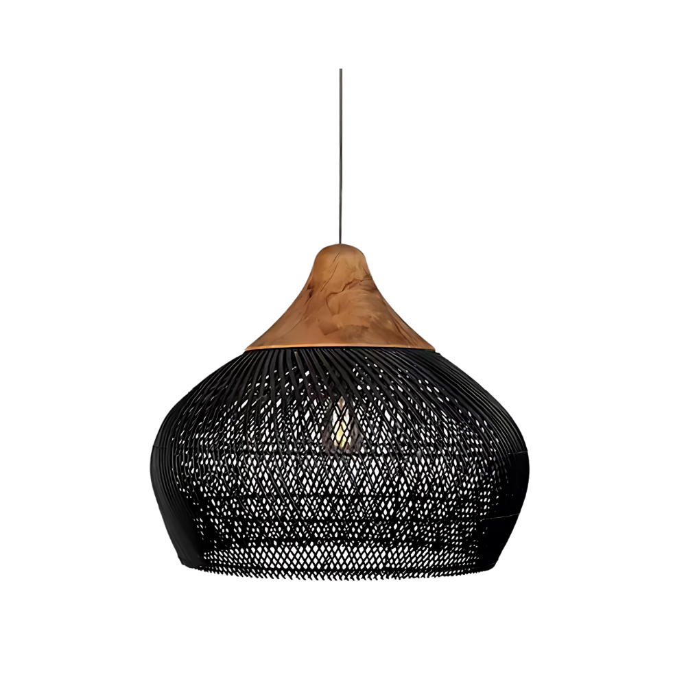 Lampada a sospensione Asterra in rattan intrecciato a mano, naturale o nera, disponibile in due misure