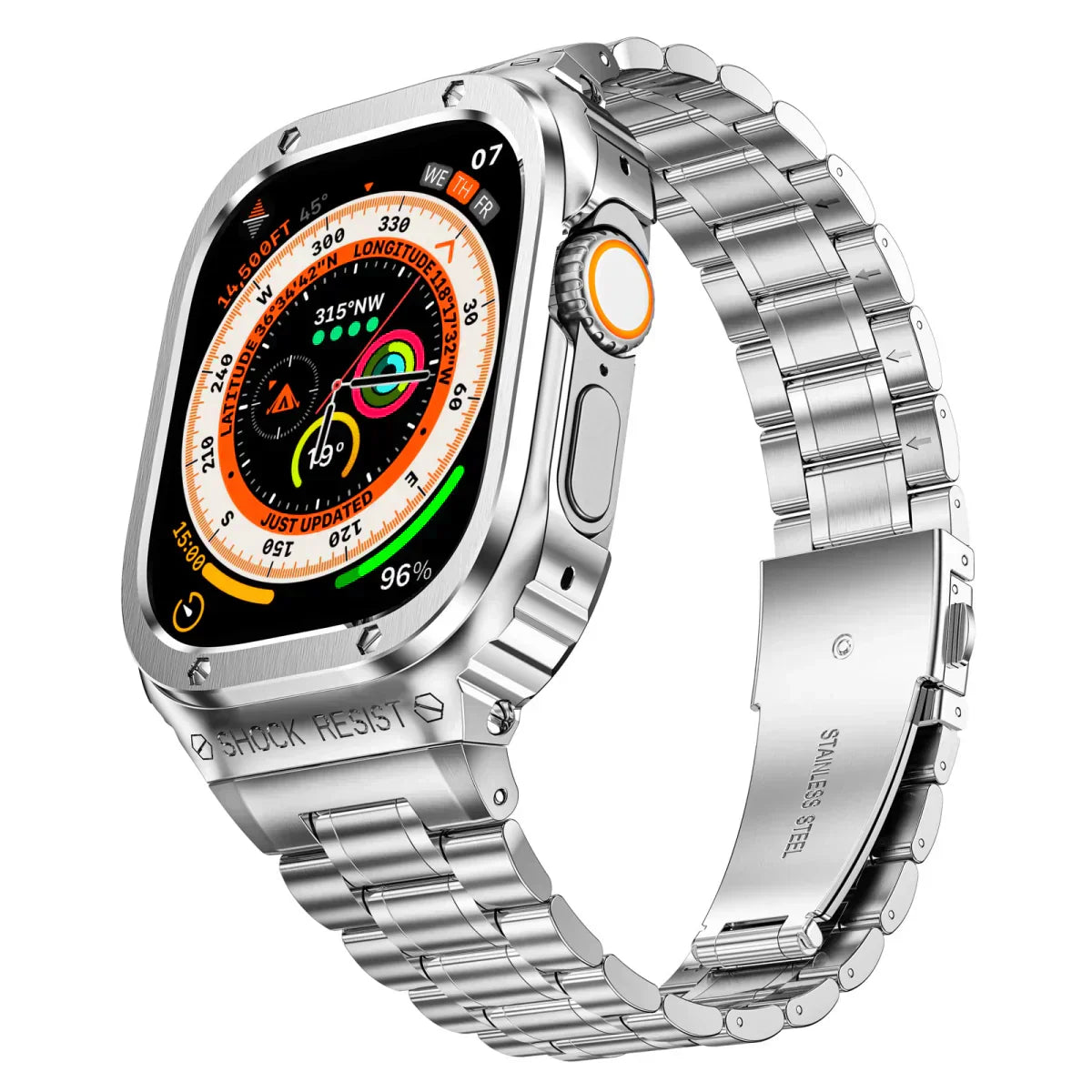 Nerezový ocelový pásek a pouzdro Alera pro Apple Watch, vše v jednom