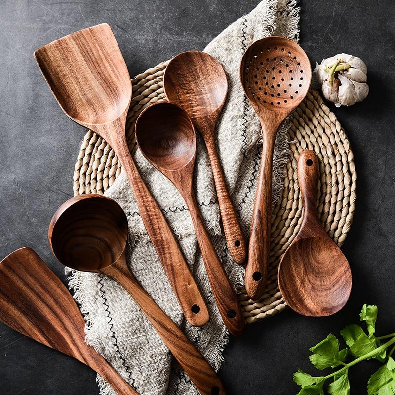 Keukengerei-set van teakhout, 7-delig, met voedselveilige oliefinish
