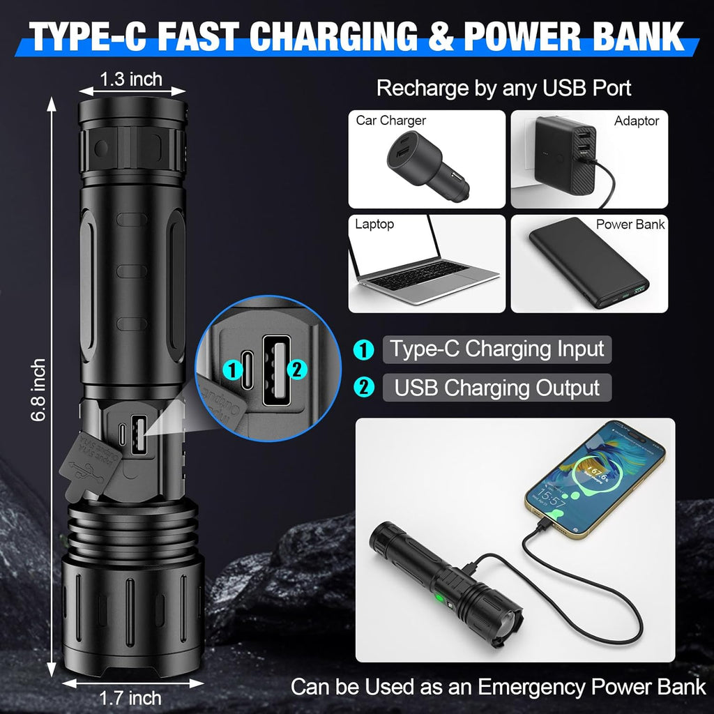 LumenForge-lommelygte med 100000 lumen, taktisk og genopladelig med powerbank