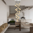Glass Orb Staircase Chandelier, Brushed Stainless Frame, Cascading LED Design