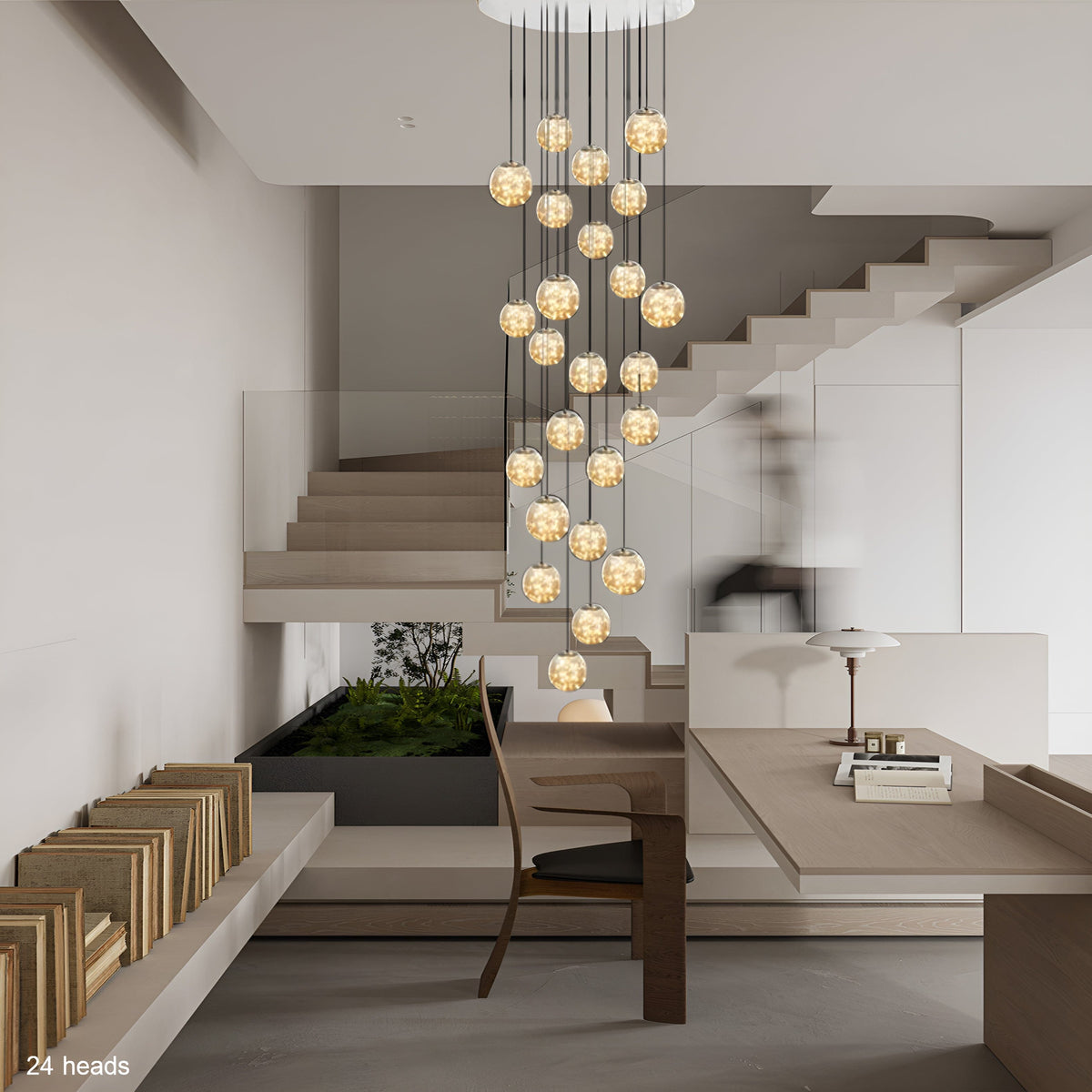 Glass Orb Staircase Chandelier, Brushed Stainless Frame, Cascading LED Design
