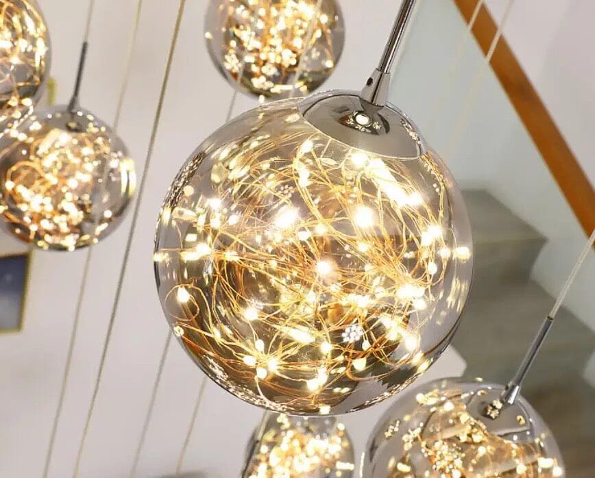 Glass Orb Staircase Chandelier, Brushed Stainless Frame, Cascading LED Design